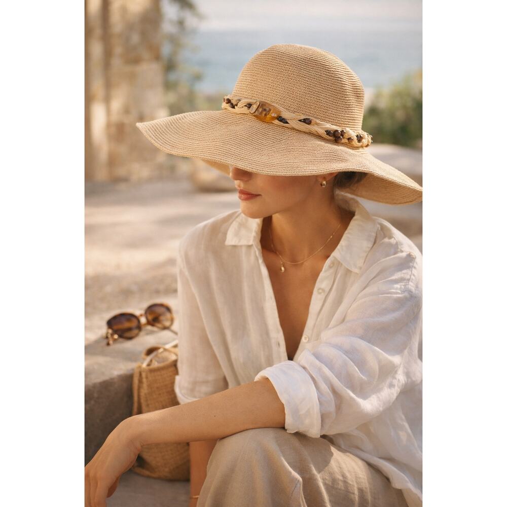 Cappelli Packable Floppy Sun Hat Beige Straw Stone Beaded Band